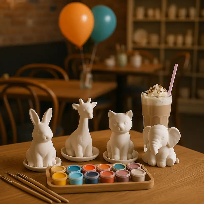 Painted pottery on a table, ready to take home