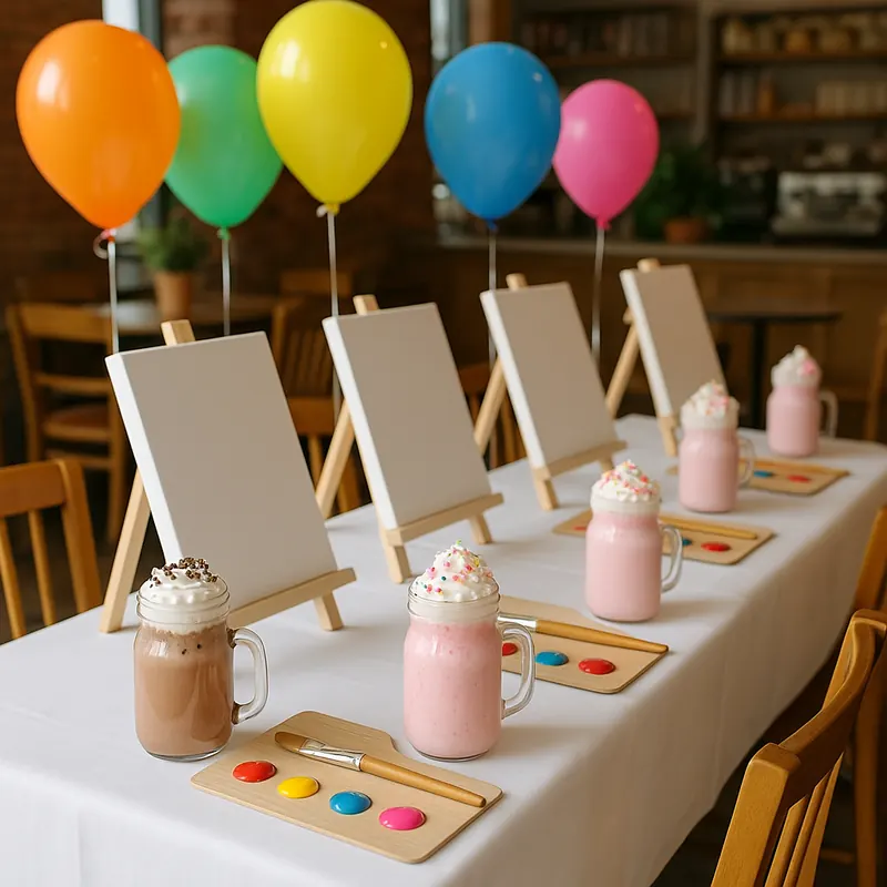 Party table with mini canvases on easels, milkshakes and balloons