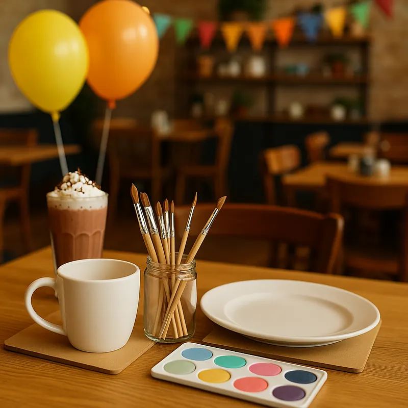A party place setting with a mug and plate to paint, a milkshake and balloons
