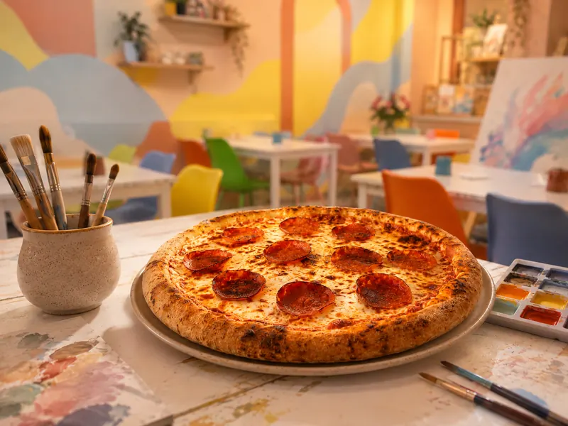 A pepperoni pizza on a studio table beside paint brushes and palettes