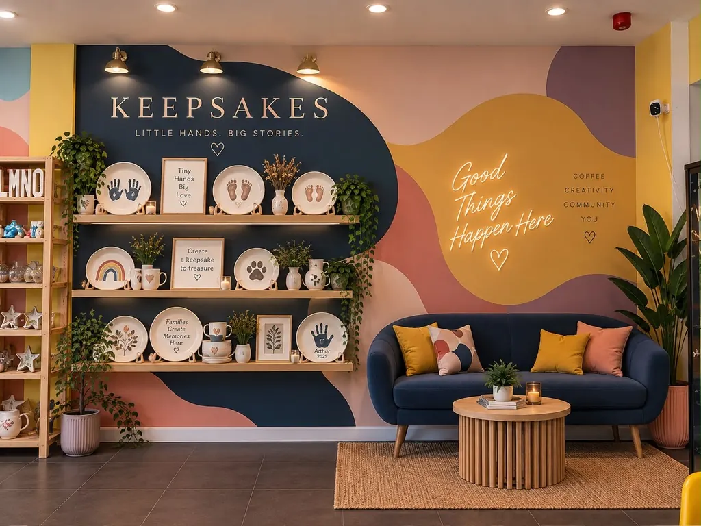 The Pictura studio wall: navy, ochre, blush and mauve waves, shelves of hand and footprint keepsake plates, and the neon sign ‘Good Things Happen Here’ above a navy sofa
