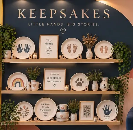 The Keepsakes wall at Pictura: shelves of plates with painted hand and footprints under the words ‘Keepsakes – little hands, big stories’